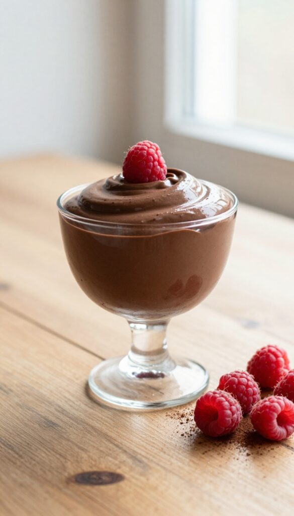 Silken tofu chocolate mousse in a glass cup with fresh berries, showcasing a creamy dessert in natural light.