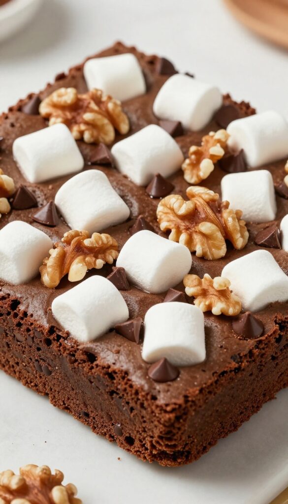 A close-up of a rocky road brownie skillet, showing melted marshmallows and nuts on a fudgy brownie base, served warm in an oven-safe skillet.