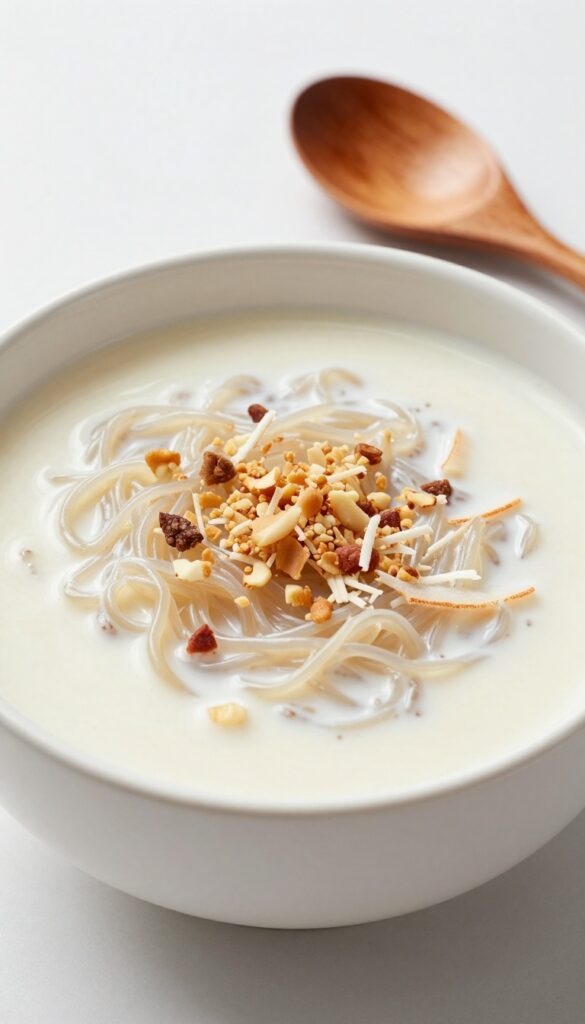 A close-up of creamy Milky Coconut Vermicelli Pudding in a white bowl, showing soft vermicelli noodles, coconut, and nuts in natural light.