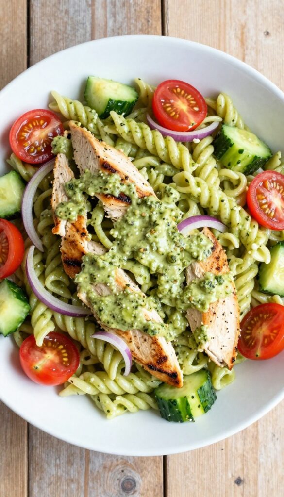 Creamy avocado pesto chicken pasta salad with rotini, grilled chicken, cherry tomatoes, cucumber, and red onion in a white bowl on a wooden table.
