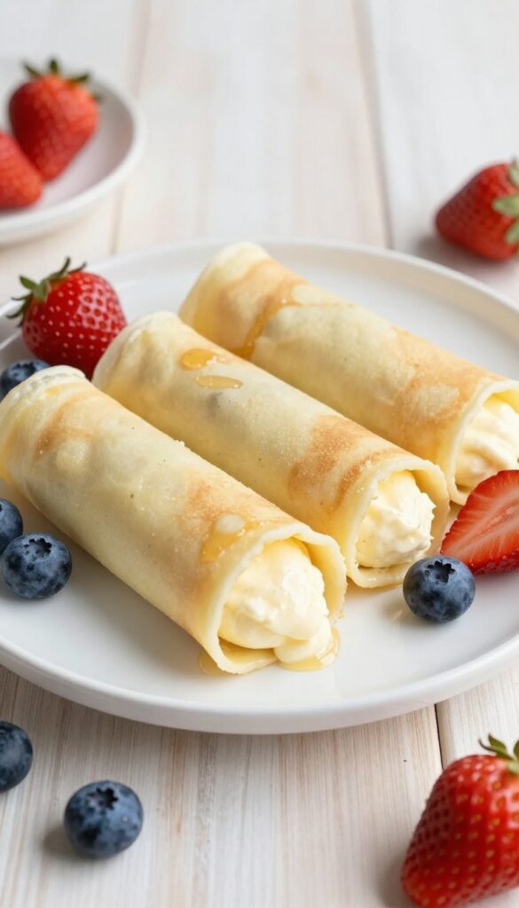 Cream cheese stuffed crepes with fresh fruit and a drizzle of sauce, arranged on a white plate against a light wooden background, showcasing a simple yet impressive dessert.
