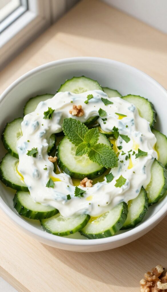 Creamy yogurt cucumber salad with fresh mint and walnuts in a white bowl