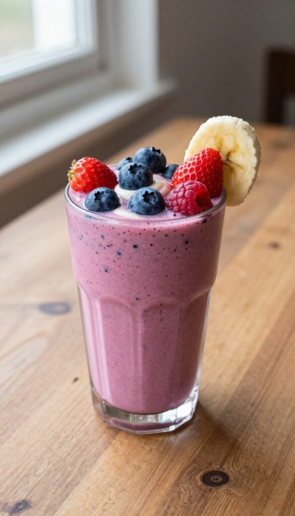 A creamy berry banana smoothie in a glass with fresh fruit garnish, showcasing vibrant colors and natural light for a budget-friendly recipe.