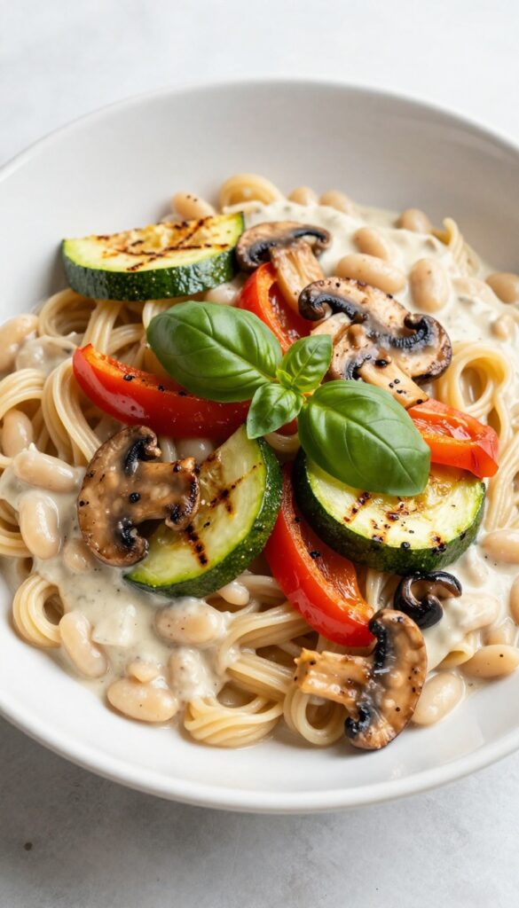 A bowl of whole wheat pasta with garlic roasted vegetables and white bean sauce, a low-cholesterol dinner recipe, presented in a bright, natural setting with no text overlay.