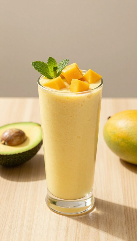 Avocado mango smoothie in a glass with mango cubes and mint garnish