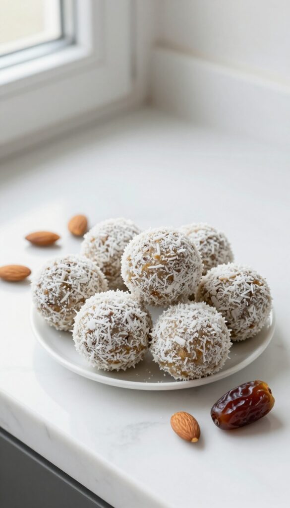 Paleo date energy balls in a bowl on a marble countertop, with almonds and a date, representing a quick and healthy snack recipe.