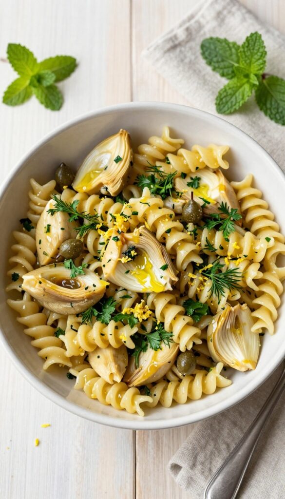 A bowl of lemon-herb pasta salad with artichokes and capers on a wooden table