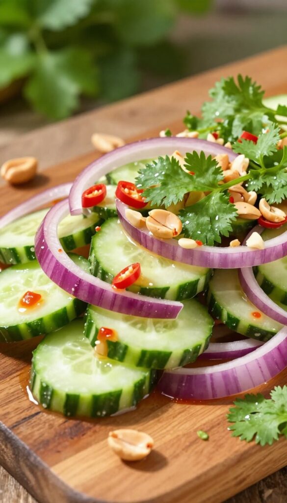 Spicy Thai cucumber salad with peanuts on a wooden table