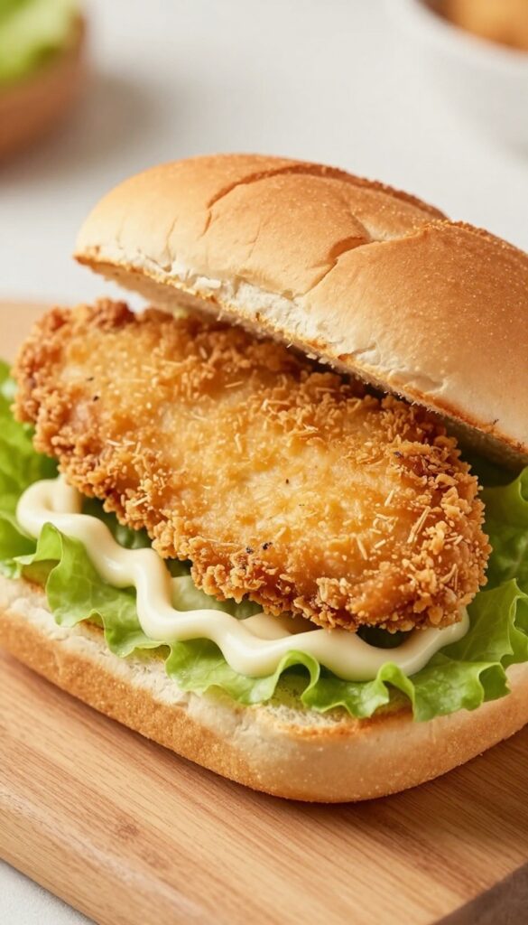Crispy chicken sandwich on a toasted bun with lettuce and mayonnaise
