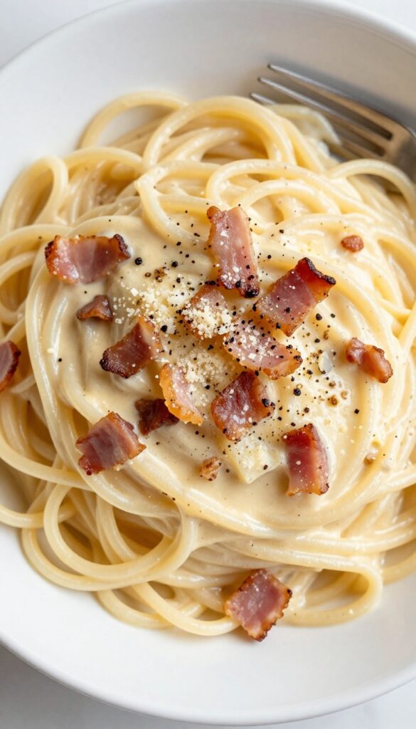 Bacon carbonara pasta in a white bowl with crispy bacon and Parmesan cheese.