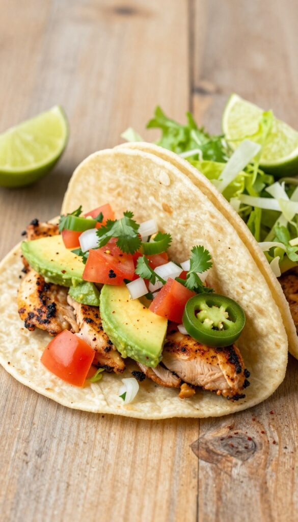 A close-up of spicy grilled chicken tacos with avocado salsa, featuring grilled chicken, fresh vegetables, and corn tortillas on a wooden table, representing a healthy low cholesterol recipe.
