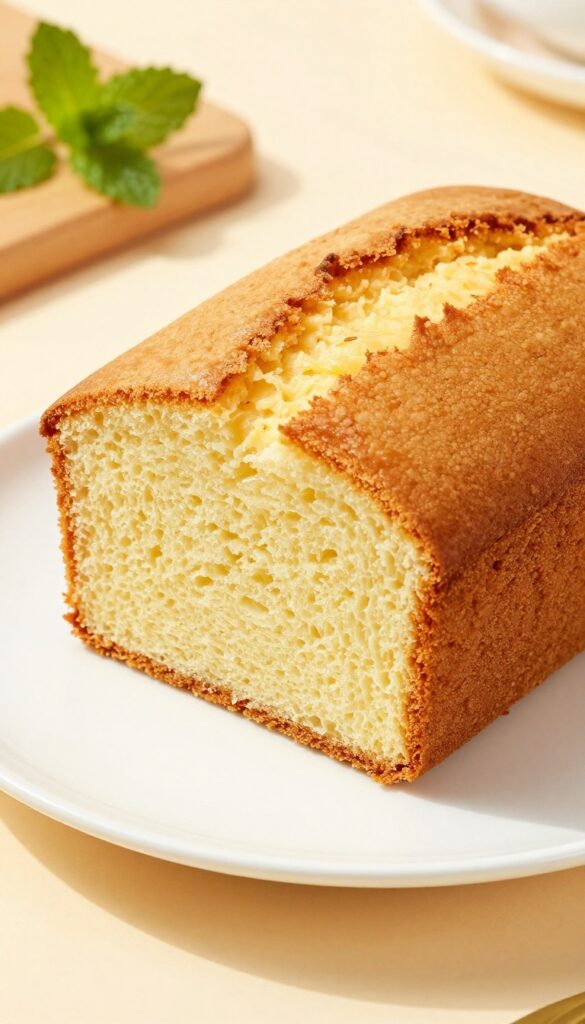 A slice of golden buttermilk pound cake with a soft, moist crumb, showcasing its rich and homemade appearance in natural light.