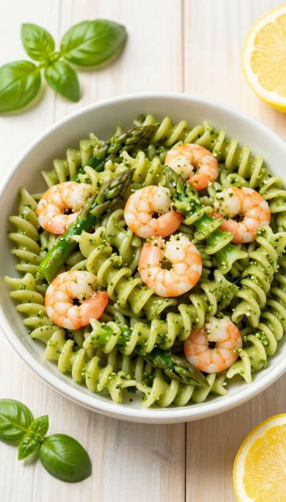 Lemon basil pesto pasta salad with shrimp and asparagus in a white bowl on a wooden table.