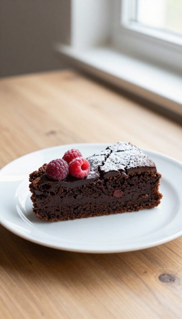 Slice of 2-ingredient fudge cake on a white plate with raspberries and powdered sugar
