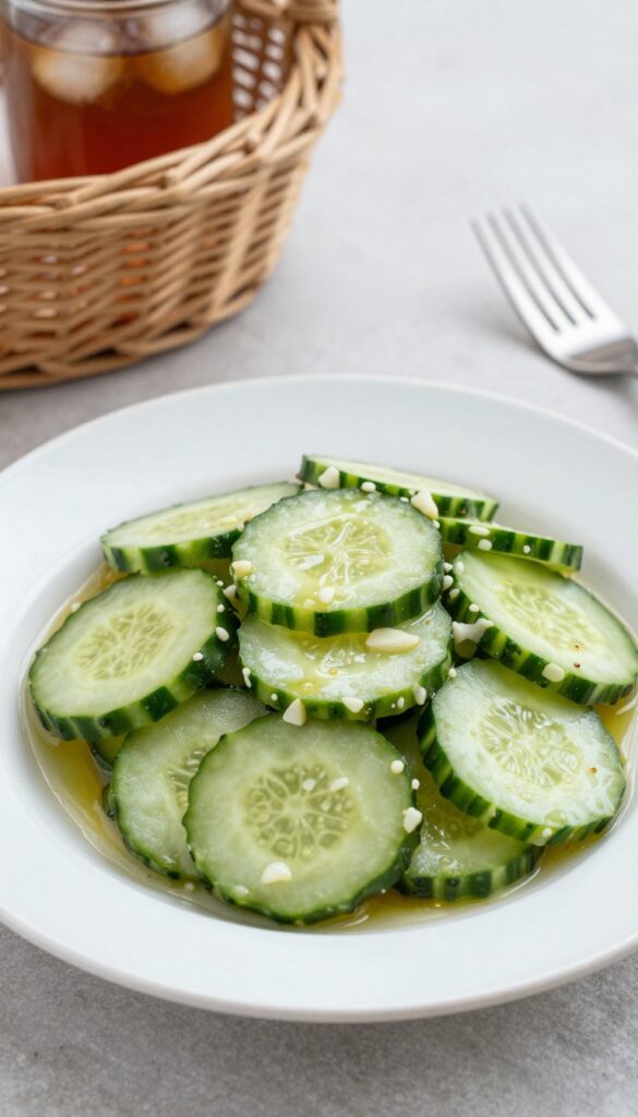 Plated garlic cucumber salad with fork and picnic setting