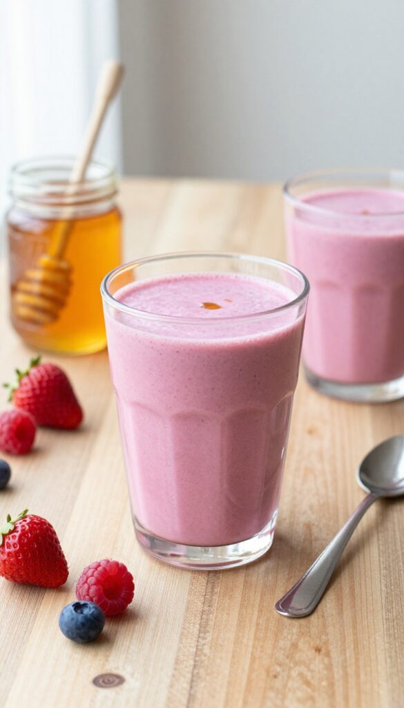 A vibrant Berry Blast smoothie with Greek yogurt and honey in a glass, surrounded by fresh berries on a rustic table.