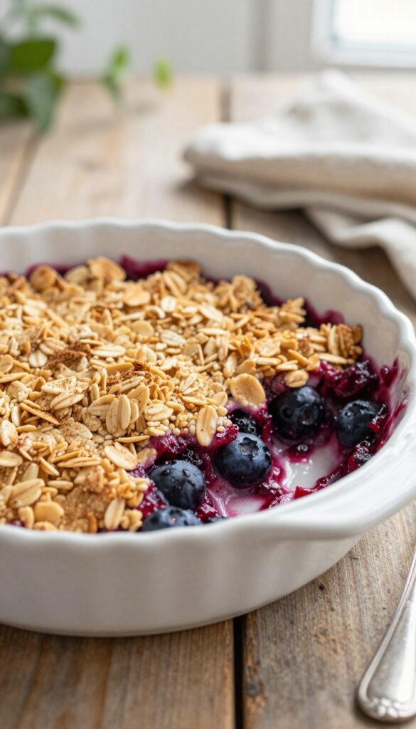 Healthy berry crumble in a baking dish with golden oat topping and bubbling berries, on a wooden table with natural light.