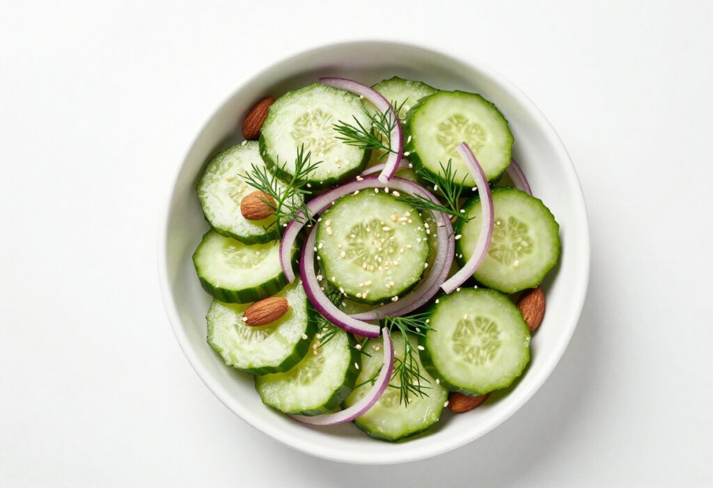 A colorful cucumber salad with dill, onion, and crunchy toppings in a white bowl, showcasing fresh ingredients.