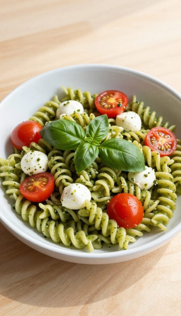 Classic basil pesto pasta salad with cherry tomatoes and mozzarella