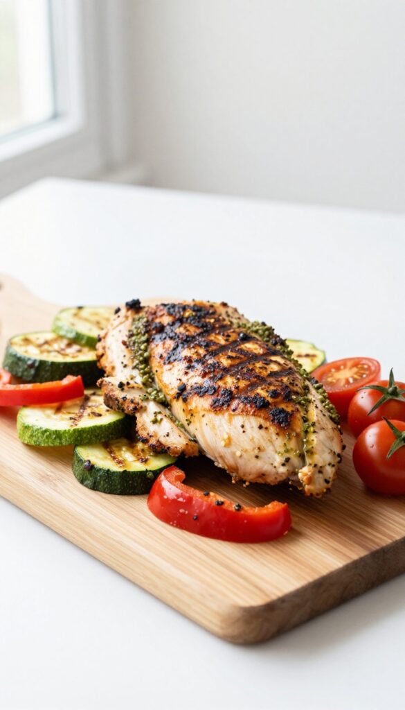 Grilled pesto chicken with roasted vegetables on a wooden board