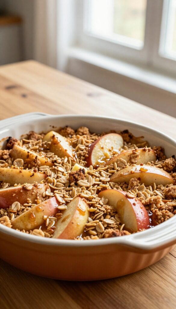 A close-up view of a warm cinnamon apple crumble with a golden crumble topping and soft apple slices, baked in a dish, showcasing a sweet and tart dessert in natural light.