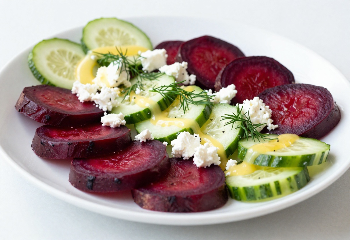 Beet, goat cheese, and cucumber salad on a white platter with dill garnish
