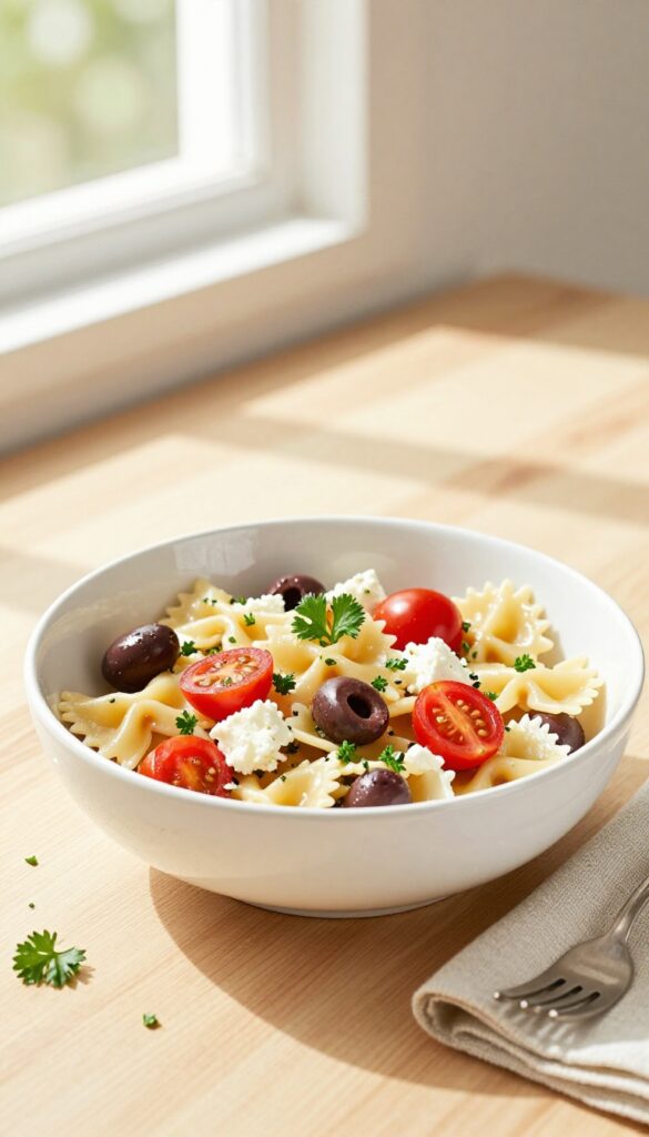 Mediterranean farfalle pasta salad with feta and olives in a white bowl on a wooden table