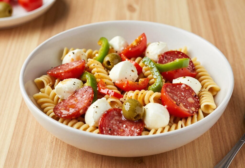 Bowl of pepperoni pasta salad with Italian dressing on a wooden table