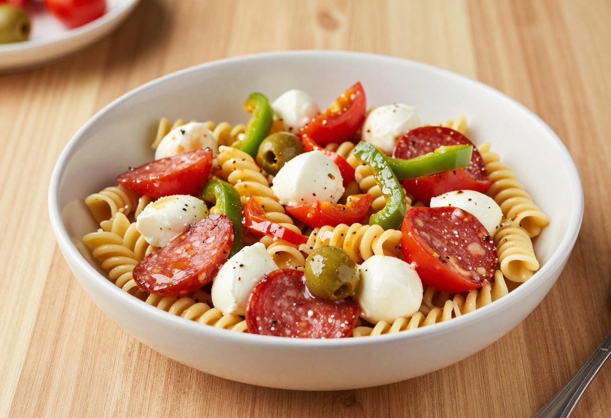 Bowl of pepperoni pasta salad with Italian dressing on a wooden table