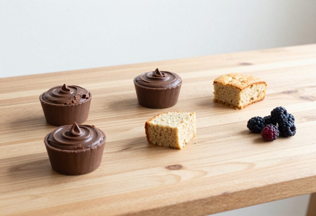 An assortment of paleo desserts, such as chocolate almond butter cups and flourless cake, displayed on a wooden table in natural light, symbolizing healthier sweet treats for a blog article.