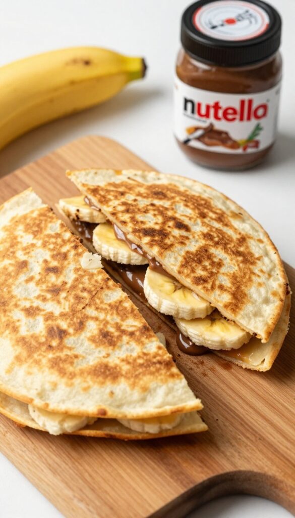 Banana Nutella quesadilla sliced on a wooden board with banana and Nutella jar nearby