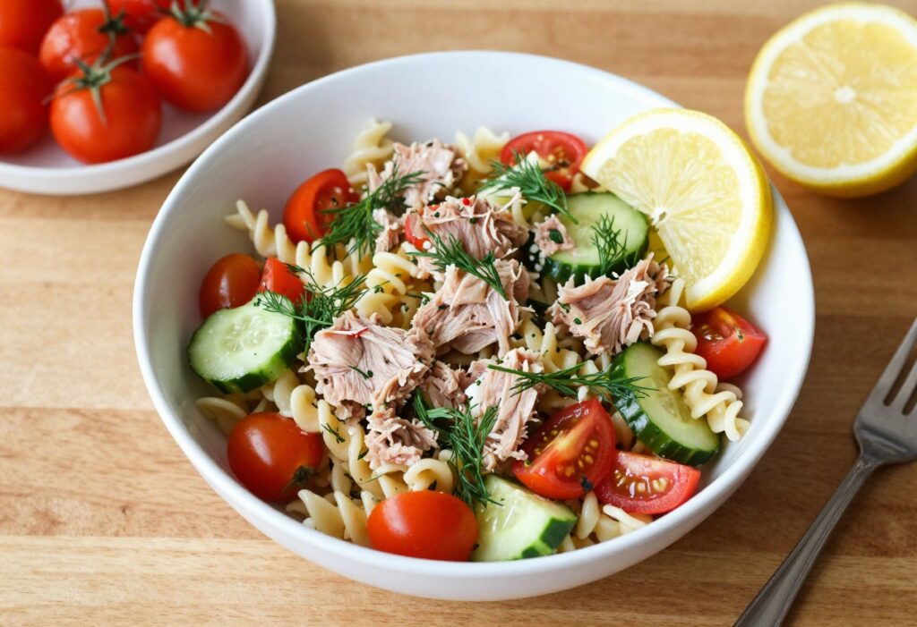 Bright tuna pasta salad in a white bowl on a wooden table with fresh dill and lemon wedges