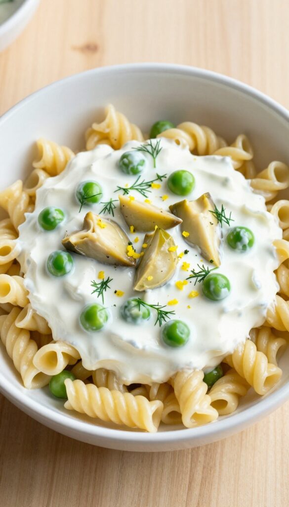 Creamy lemon dill Greek yogurt pasta salad with rotini, peas, and artichoke hearts in a white bowl on a wooden table.