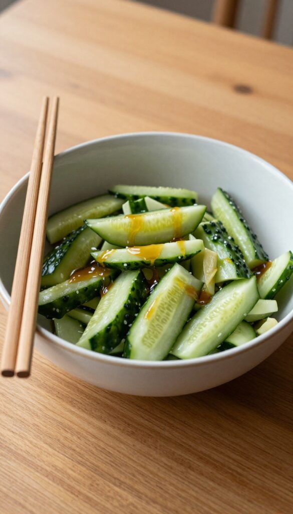Cucumber salad bowl on wooden table with chopsticks