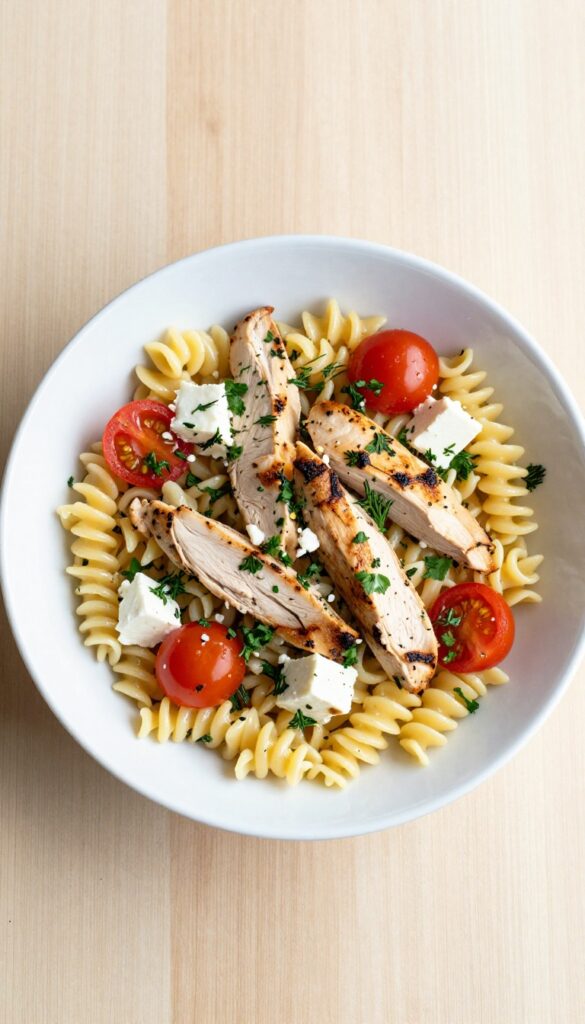 Lemon herb orzo pasta salad with grilled chicken and cherry tomatoes in a white bowl.