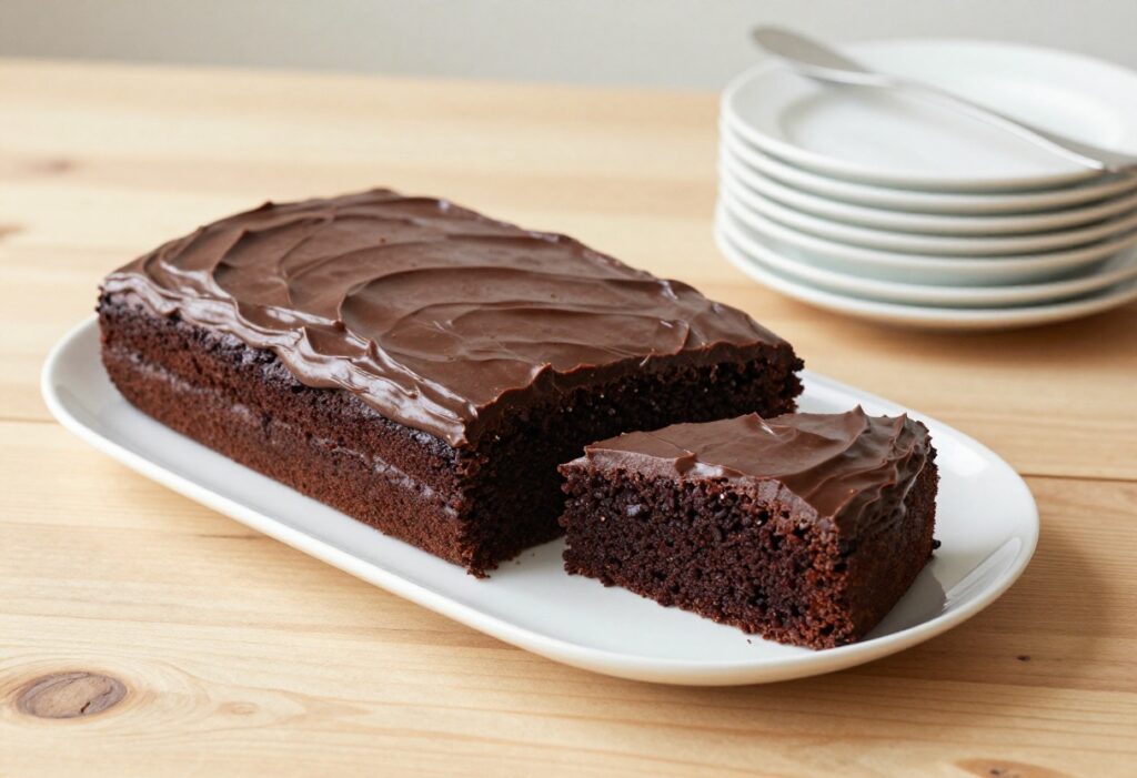 Chocolate sheet cake on wooden table with sliced pieces and plates
