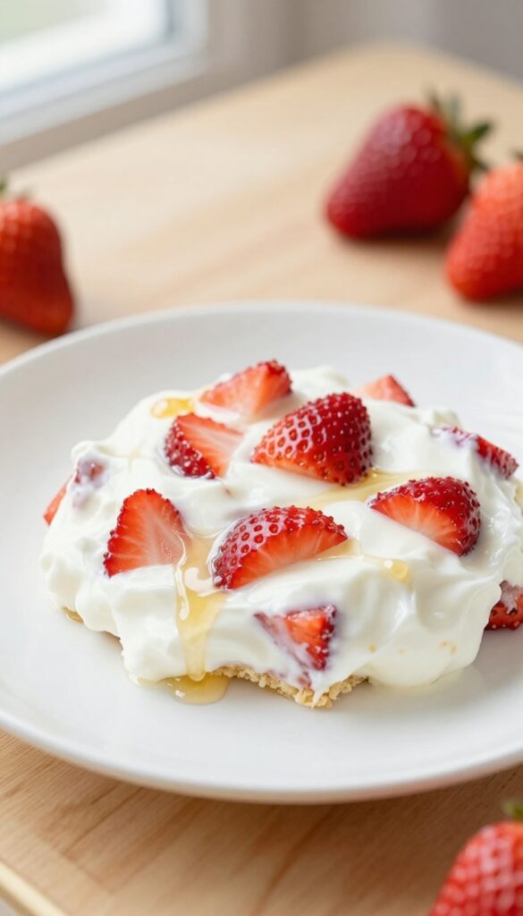 Close-up of strawberry yogurt bark pieces on a white plate, with fresh strawberries and natural light, representing a light and addictive dessert for quick sweet treats.