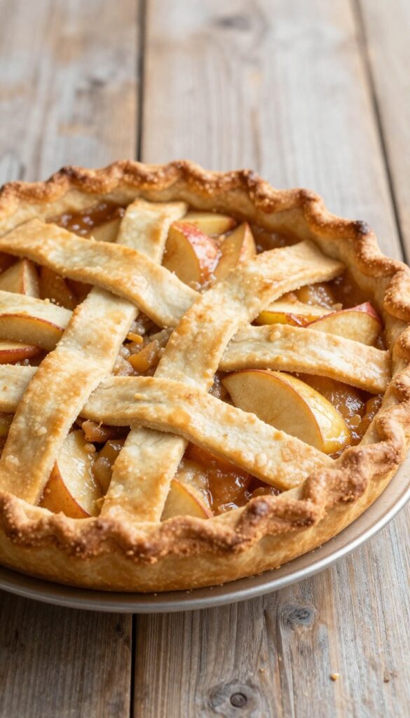 A freshly baked classic apple cinnamon pie with a golden lattice crust and tender apple slices, presented on a rustic wooden table in natural light