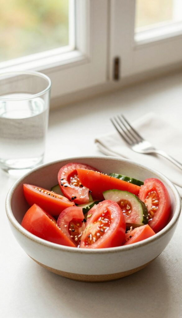 Tomato cucumber salad served in a rustic bowl on a wooden table with fork.
