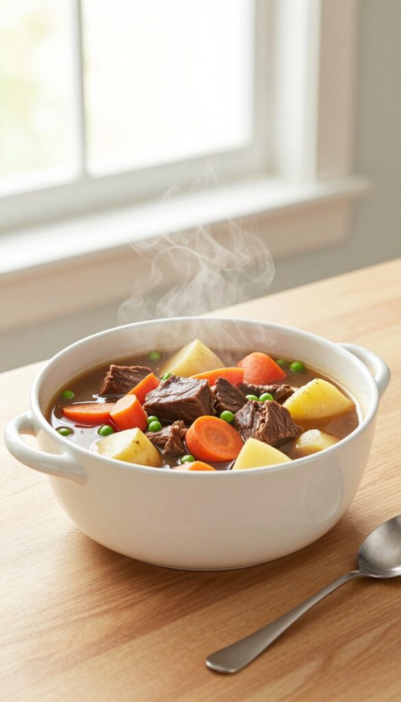 A bowl of Instant Pot beef stew with beef, carrots, potatoes, and peas in a rich broth, served in a kitchen setting with natural light.