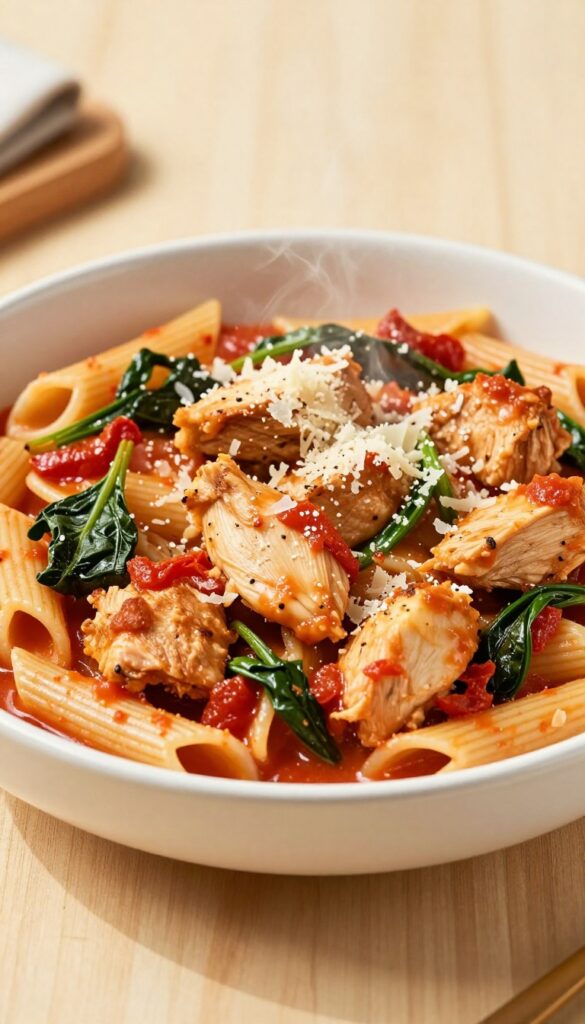 A bowl of creamy Tuscan chicken pasta with chicken, penne, spinach, and sun-dried tomatoes in a rich sauce, garnished with parmesan, on a wooden table