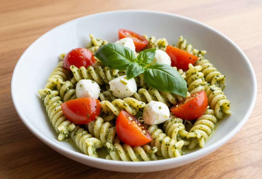 Basil pesto pasta salad with cherry tomatoes and mozzarella in a white bowl on a wooden table.