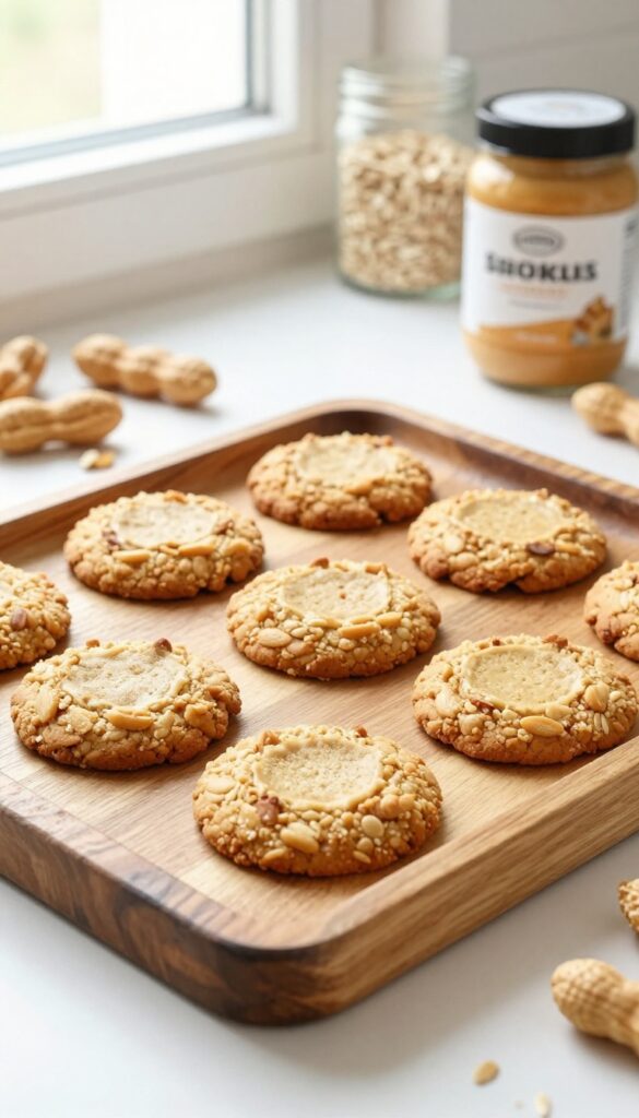 Freshly baked peanut butter oat cookies on a wooden tray, highlighting their golden edges and simple ingredients in a bright, natural kitchen setting.