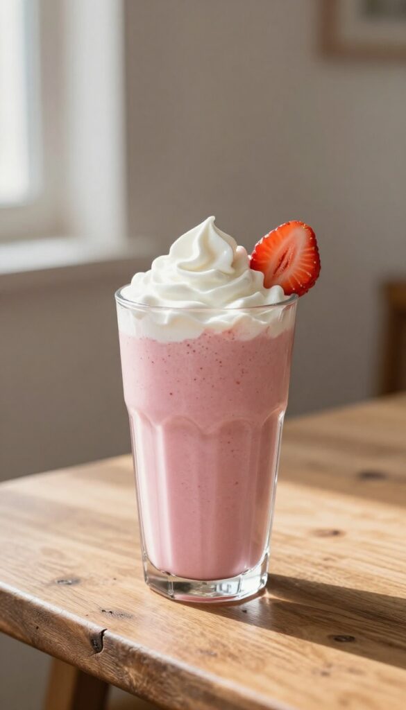 A creamy strawberry vanilla smoothie in a glass with a strawberry garnish, set on a rustic table in natural light.