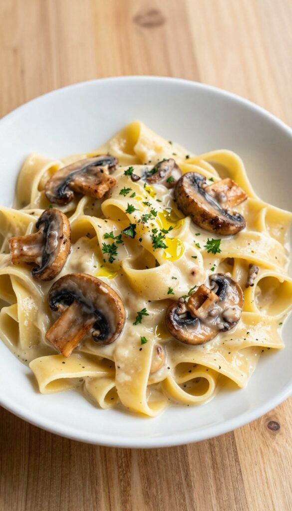 Creamy mushroom and truffle pasta salad in a white bowl on a wooden table
