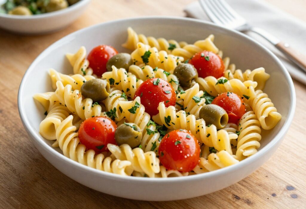 Colorful cold pasta salad with rotini, tomatoes, olives, and herbs in a bowl, drizzled with Italian dressing.
