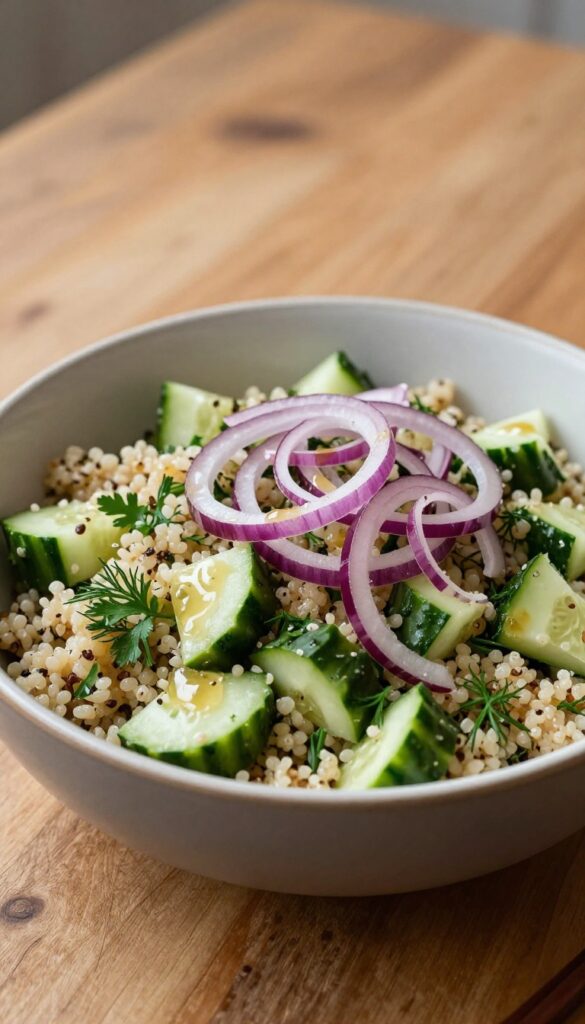 A bowl of herbed quinoa and cucumber salad with fresh herbs and a vinegar dressing, presented on a rustic table in natural light, symbolizing a cozy and nutritious meal.