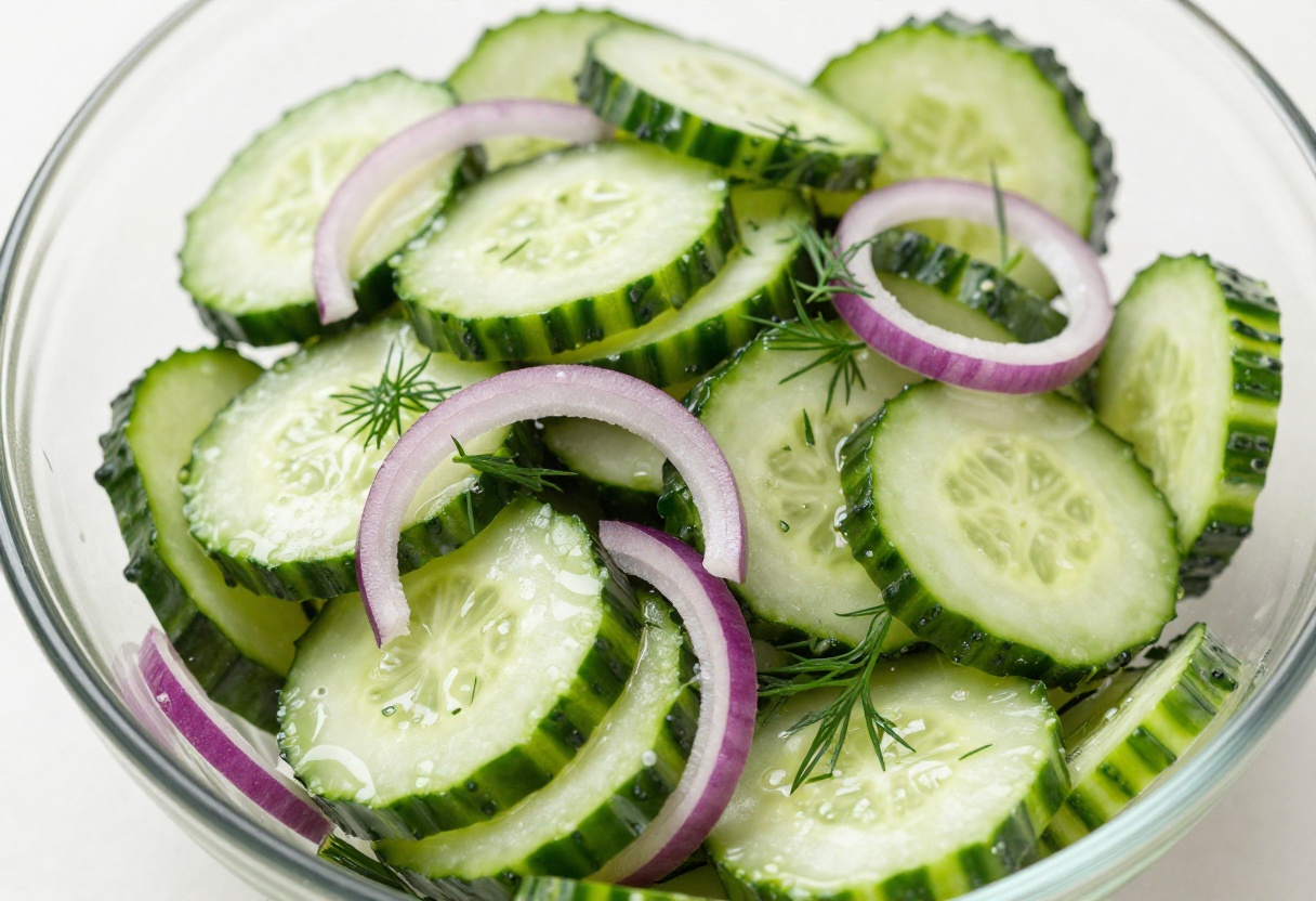 Cool cucumber salad with dill and onion in a glass bowl
