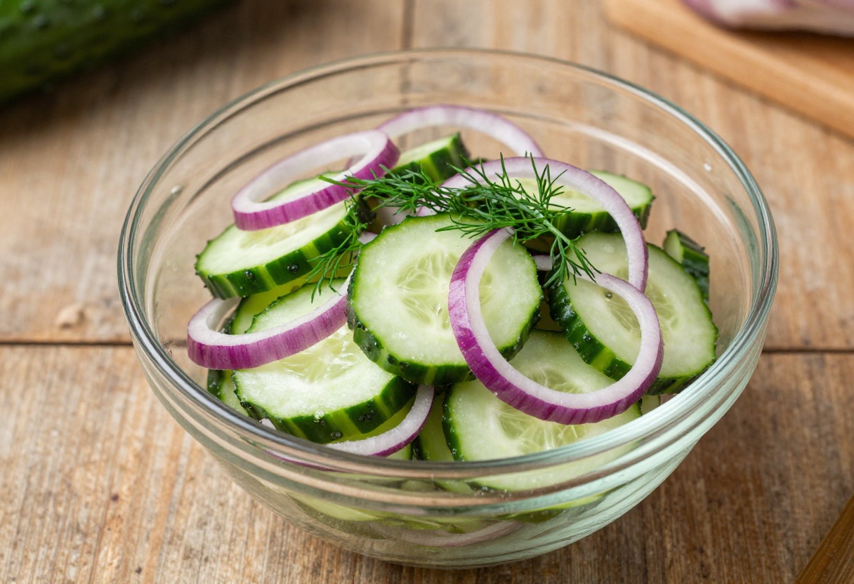 Cucumber onion salad with vinegar marinade in a glass bowl