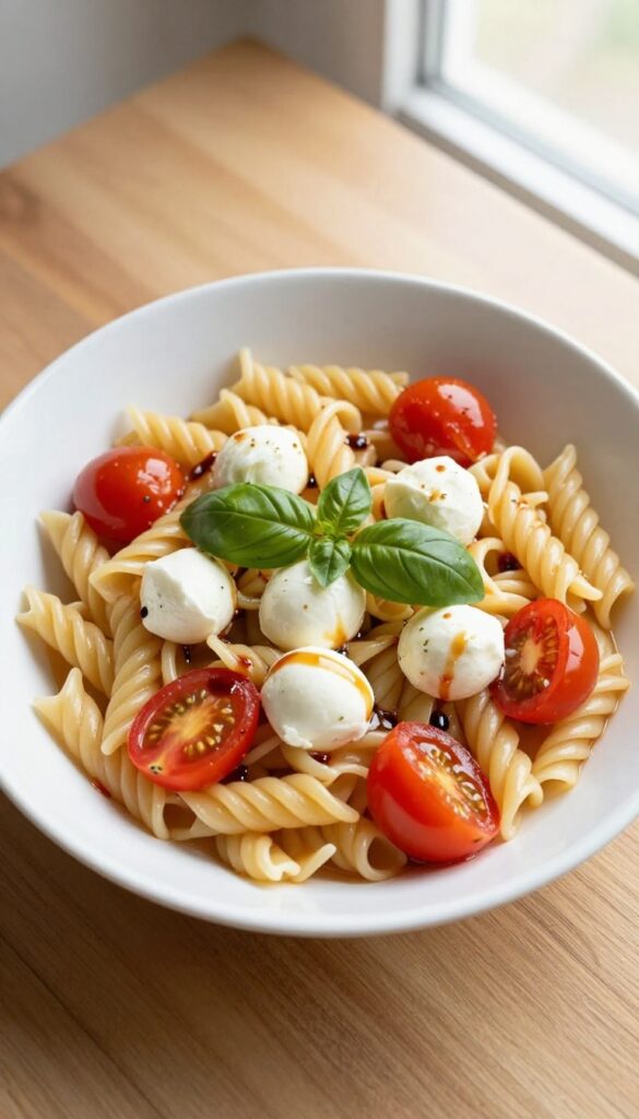 Caprese pasta salad with balsamic glaze in a white bowl on a wooden table